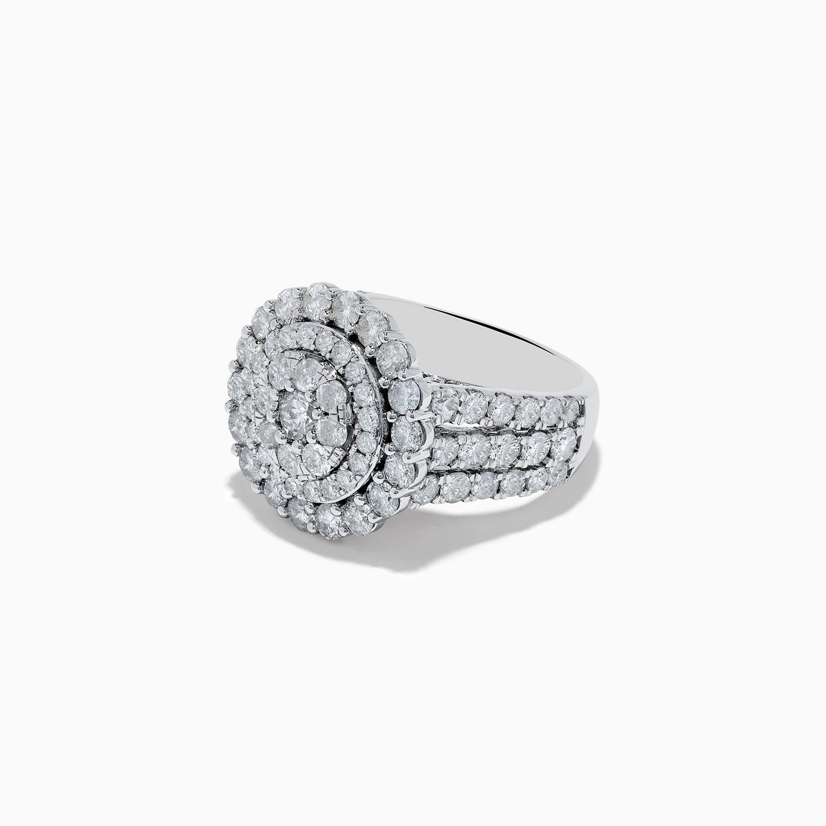 The Bouquet 14K White Gold Diamond Ring features three concentric circles of round diamonds and extra diamonds on the band, creating a bold, sparkling look shown against a plain white background.