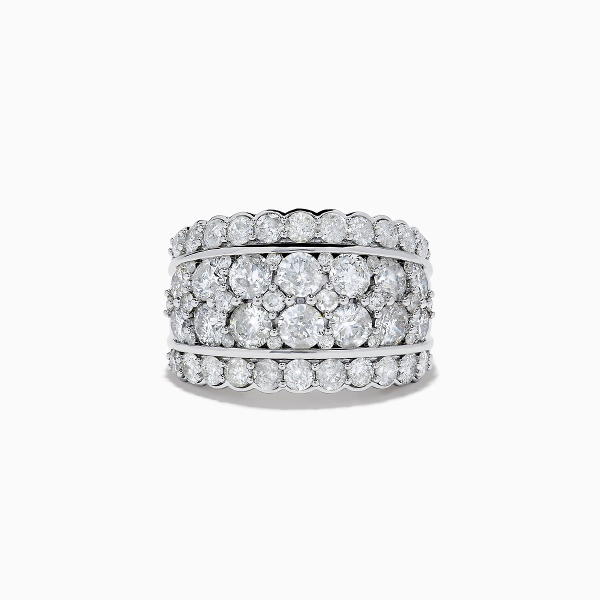The Pave Classica 14K White Gold Diamond Statement Ring 4.84 TCW showcases three rows of round-cut diamonds, with a center row of larger stones framed by two rows of smaller diamonds—a dazzling statement piece.