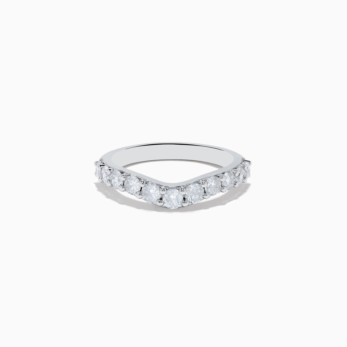 The 14K White Gold Contoured Diamond Stacking Band 0.95 TCW features a chevron shape with round diamonds along the front, showcased against a plain white background to emphasize its shine and elegance.