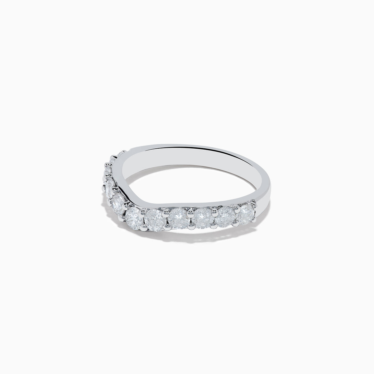 The 14K White Gold Contoured Diamond Stacking Band 0.95 TCW features a chevron shape with round diamonds along the front, showcased against a plain white background to emphasize its shine and elegance.