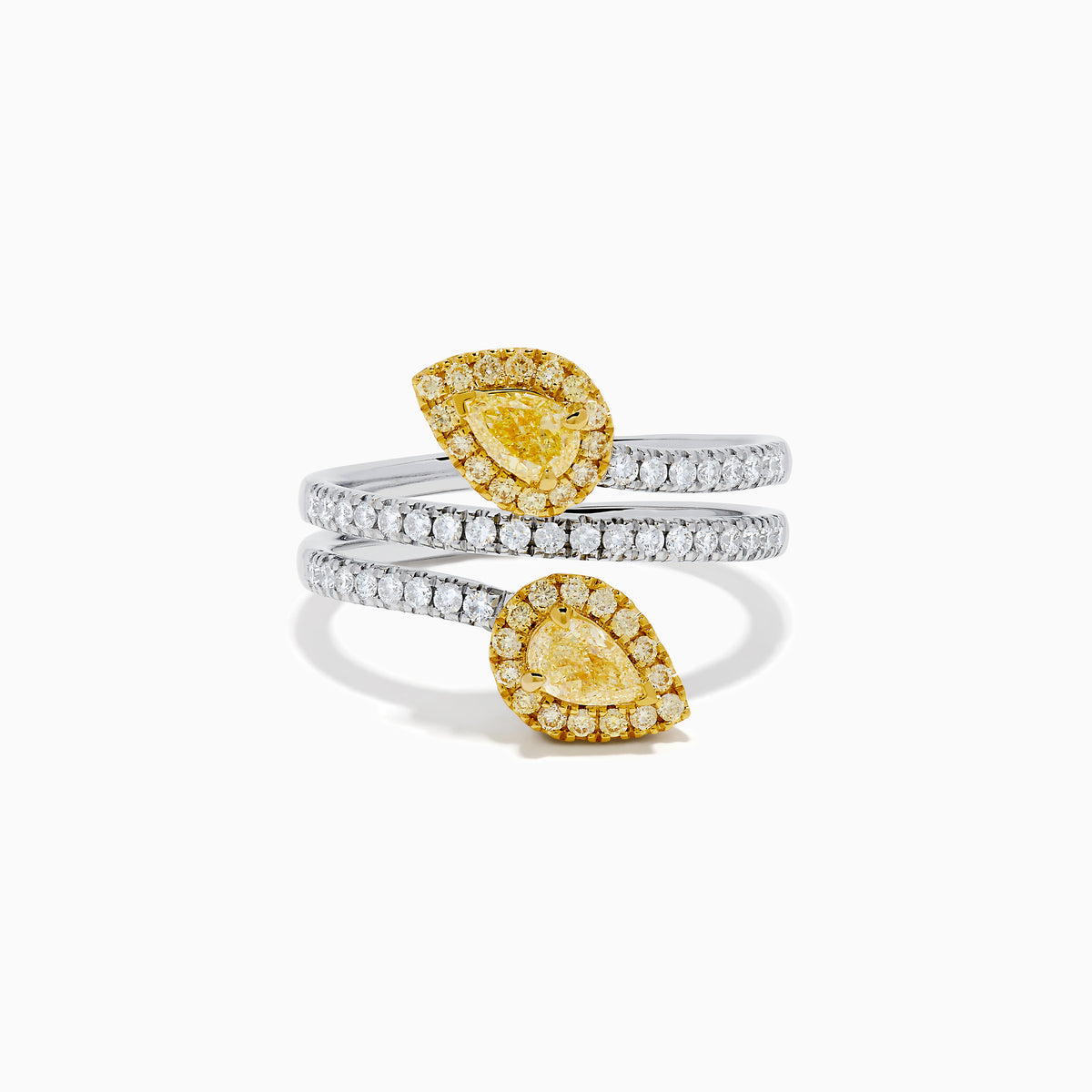 The 18K Two-Tone Gold Yellow and White Diamond Wrap Bypass Ring features pear-shaped diamond clusters haloed by smaller diamonds on a split gold band sparkling with round white diamonds.