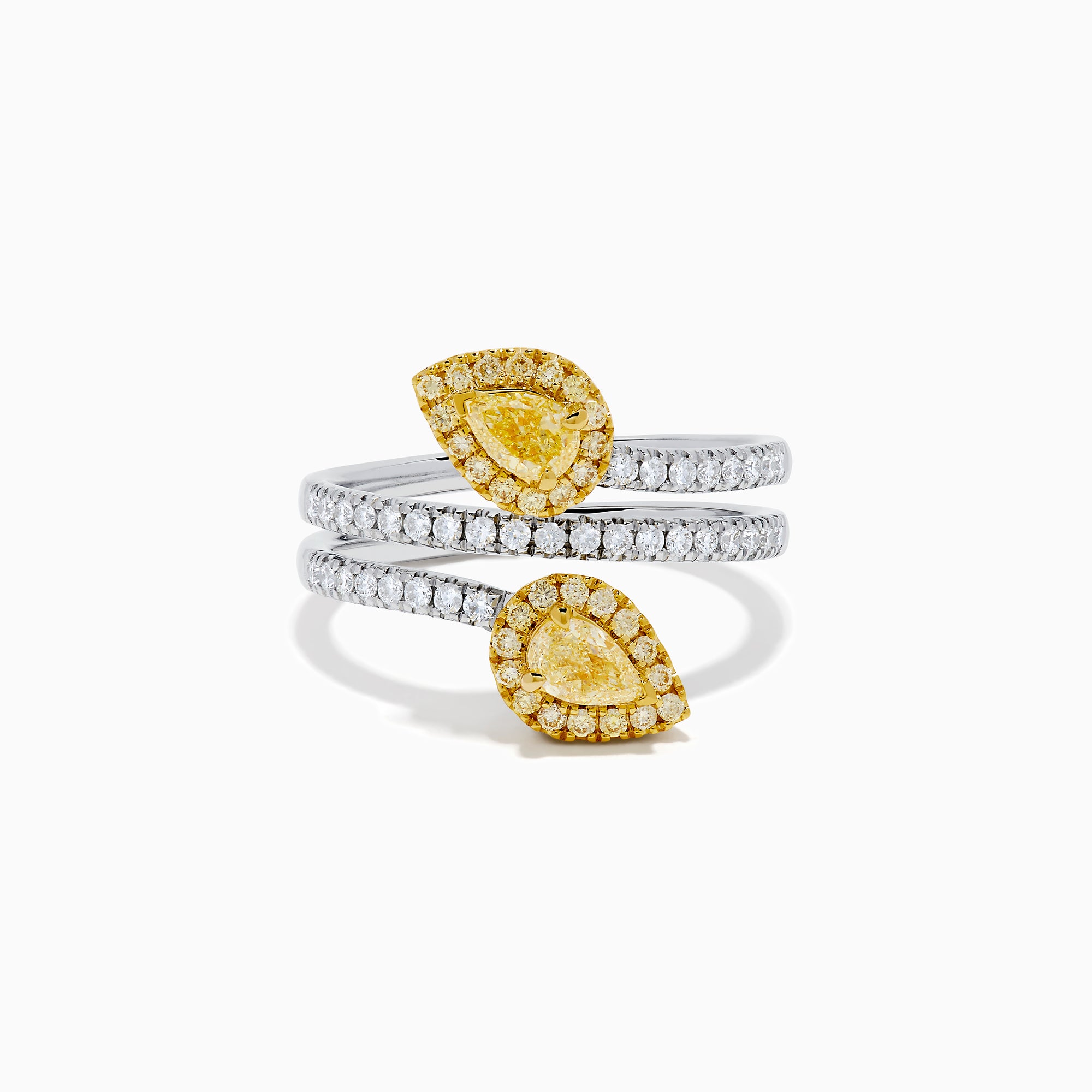 The 18K Two-Tone Gold Yellow and White Diamond Wrap Bypass Ring features pear-shaped diamond clusters haloed by smaller diamonds on a split gold band sparkling with round white diamonds.