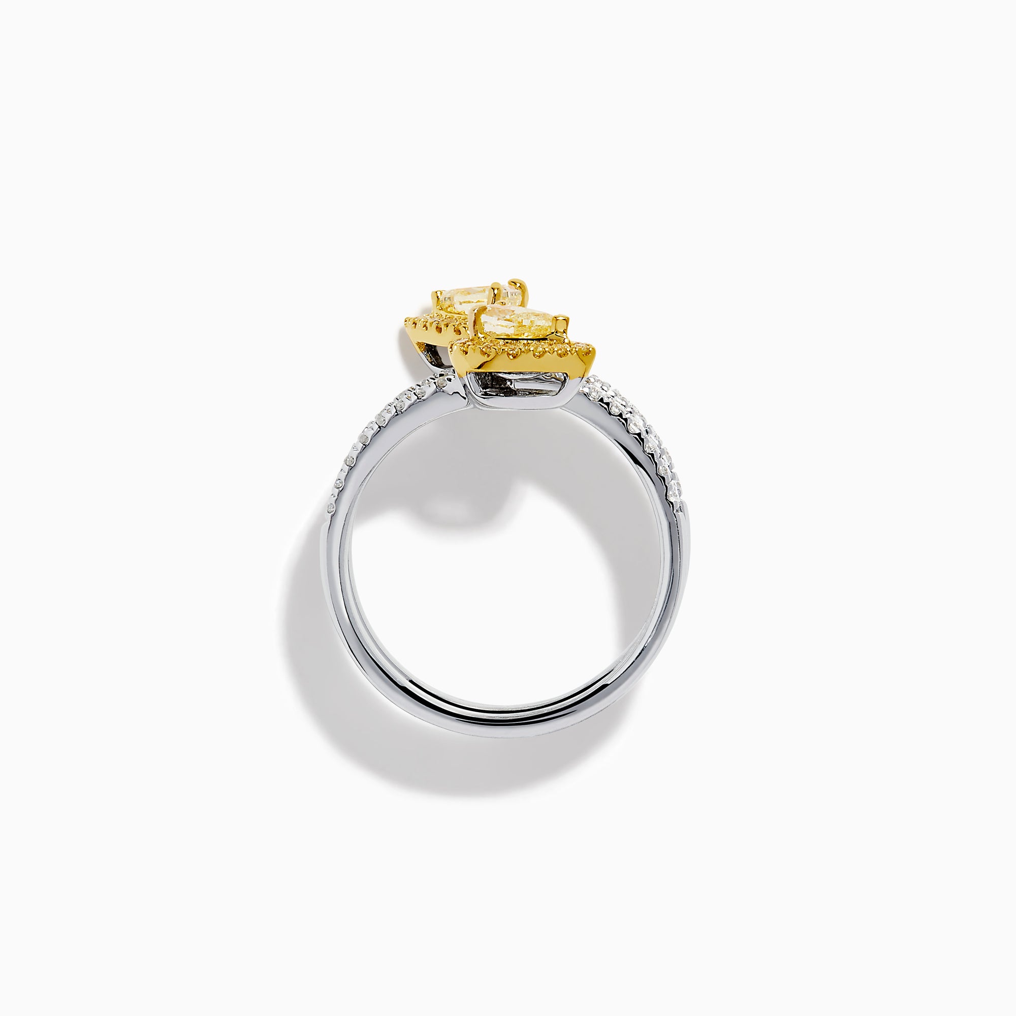 The 18K Two-Tone Gold Yellow and White Diamond Wrap Bypass Ring features pear-shaped diamond clusters haloed by smaller diamonds on a split gold band sparkling with round white diamonds.