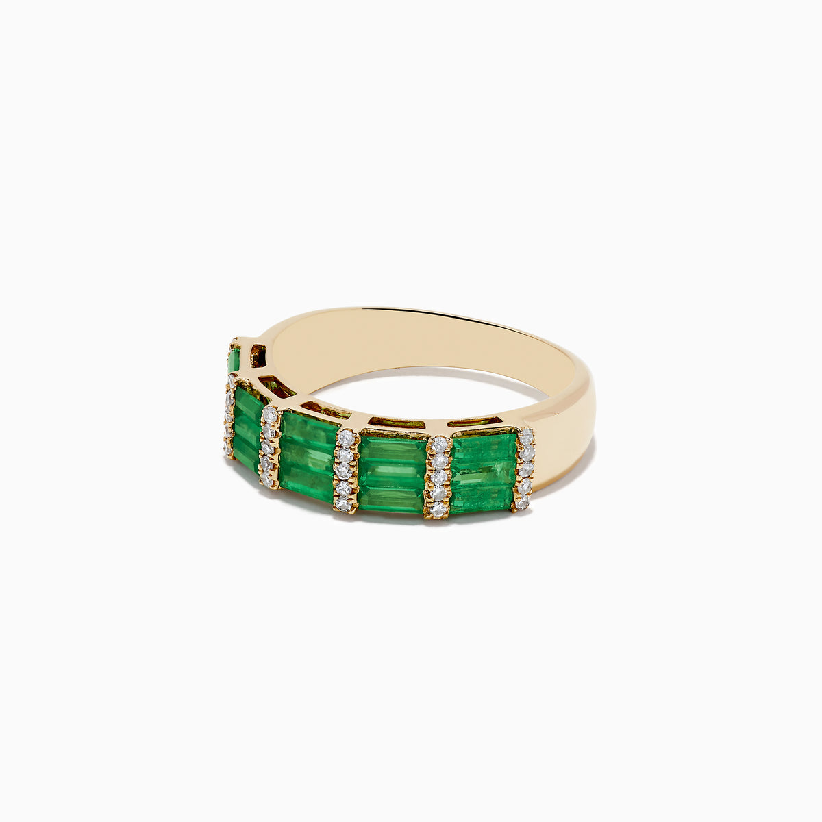 The Brasilica 14K Yellow Gold Emerald and Diamond Ring showcases rectangular emeralds set in rows, divided by vertical lines of white diamonds on a smooth, polished gold band.