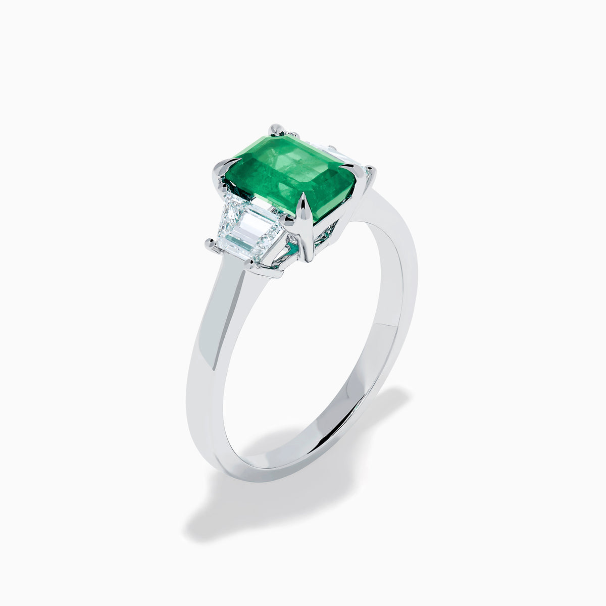 14K Gold Emerald-Cut Emerald and Trapezoid Diamond Three-Stone Ring
