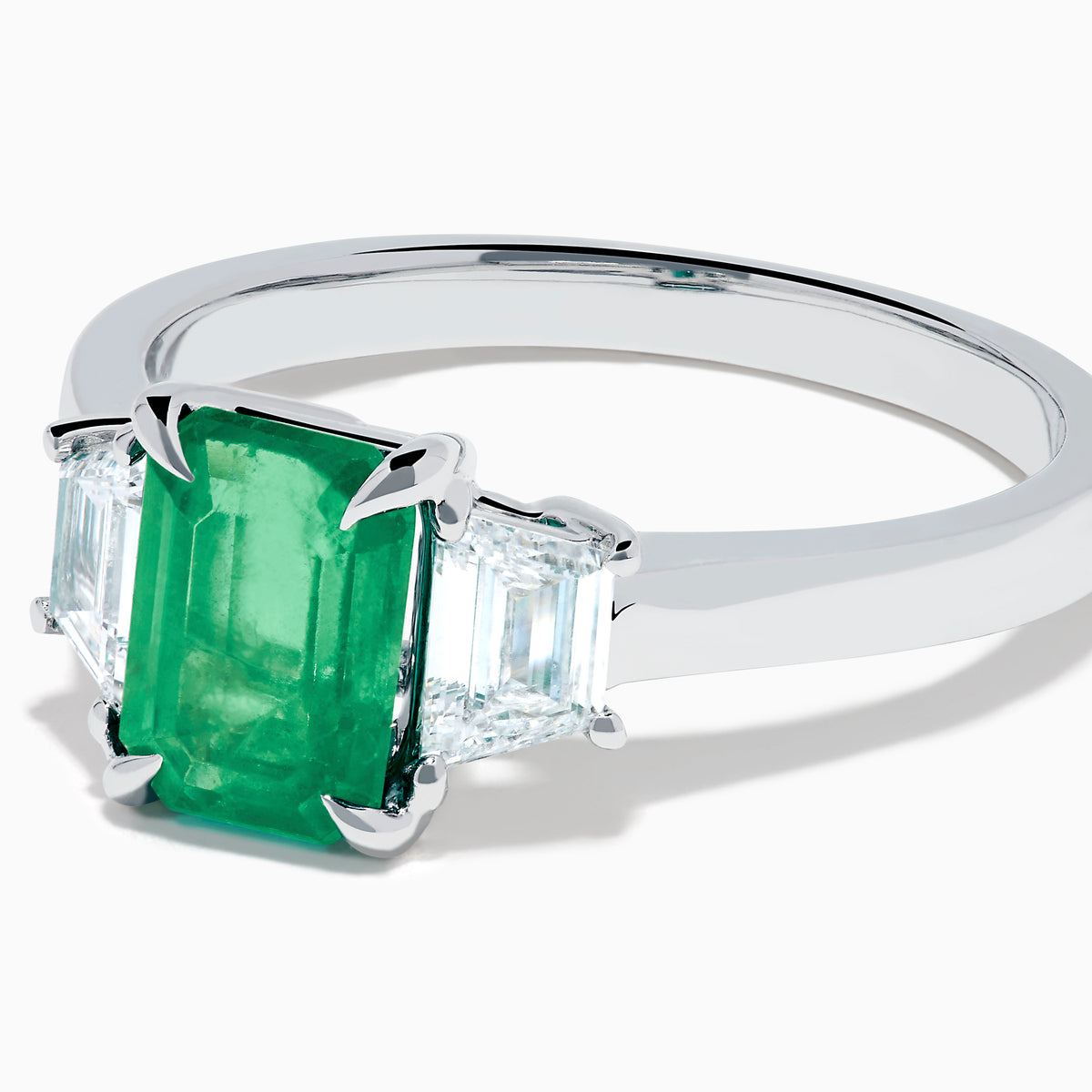 14K Gold Emerald-Cut Emerald and Trapezoid Diamond Three-Stone Ring