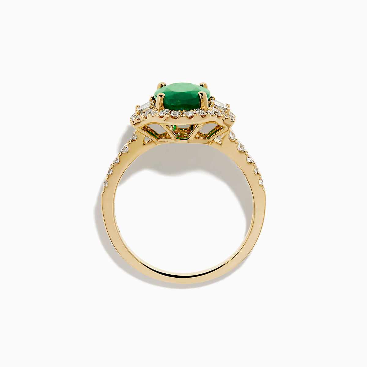 The Brasilica 14K Yellow Gold Emerald and Diamond 3 Stone Ring features an oval green emerald and sparkling diamonds on a diamond-studded band—an elegant choice for any occasion.