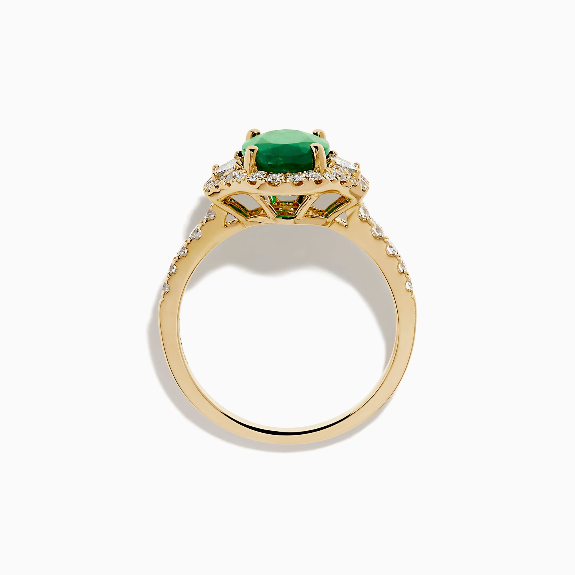 The Brasilica 14K Yellow Gold Emerald and Diamond 3 Stone Ring features an oval green emerald and sparkling diamonds on a diamond-studded band—an elegant choice for any occasion.