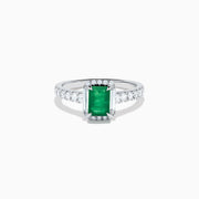 14K White Gold Emerald-Cut Emerald and Diamond Halo Ring