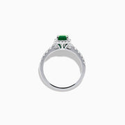 14K White Gold Emerald-Cut Emerald and Diamond Halo Ring