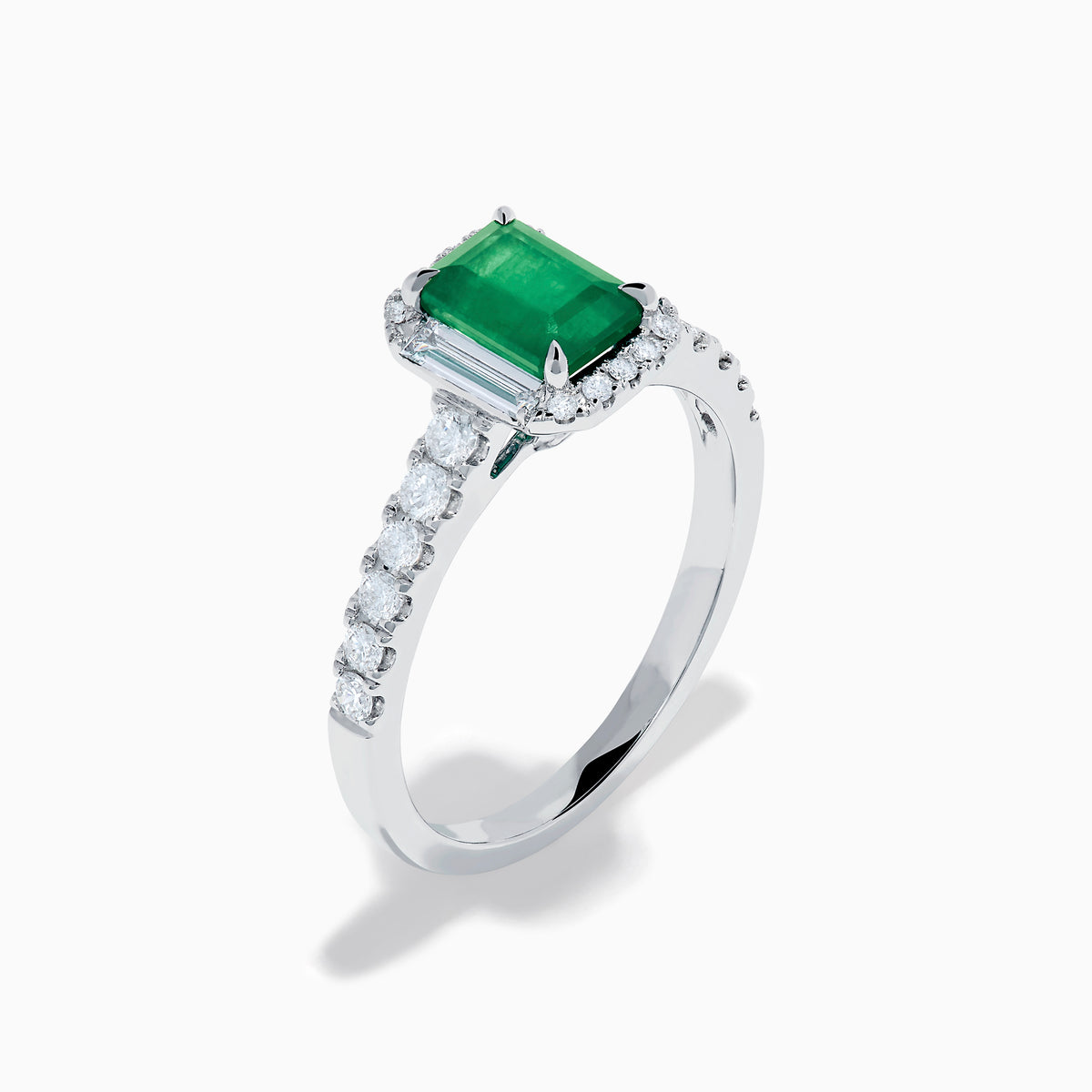 14K White Gold Emerald-Cut Emerald and Diamond Halo Ring