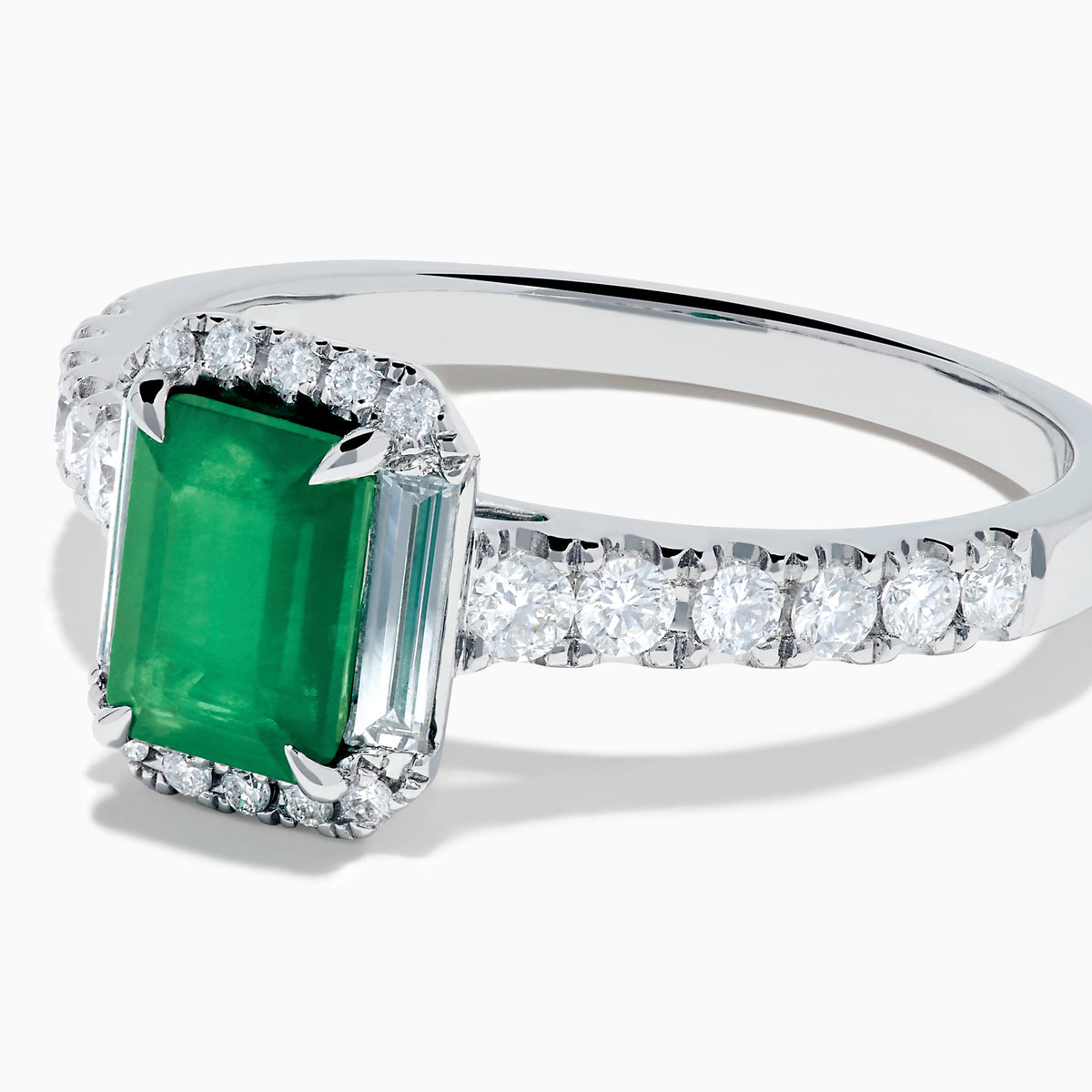 14K White Gold Emerald-Cut Emerald and Diamond Halo Ring