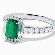 14K White Gold Emerald-Cut Emerald and Diamond Halo Ring