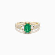 14K Yellow Gold Emerald and Diamond Emerald-Cut Halo Ring