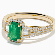 14K Yellow Gold Emerald and Diamond Emerald-Cut Halo Ring