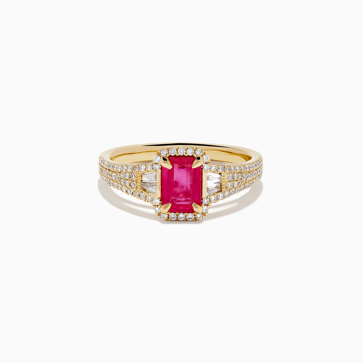 The 14K Yellow Gold Emerald Cut Ruby and Pave Diamond Halo Ring features a central emerald-cut ruby, diamond accents, and a shimmering halo for added brilliance.