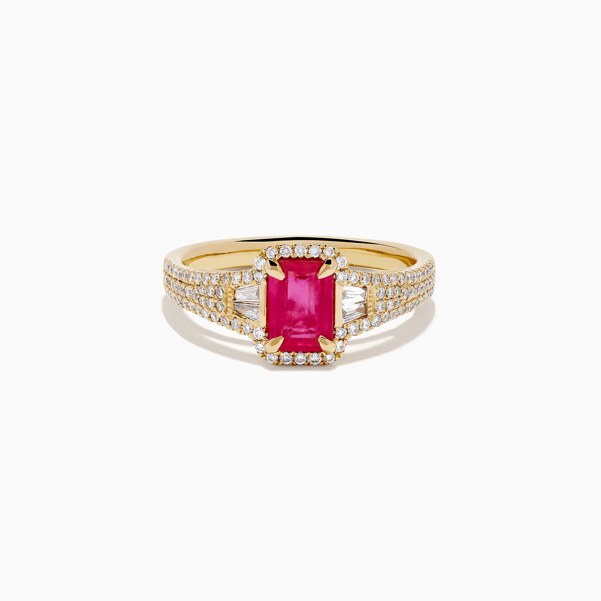 The 14K Yellow Gold Emerald Cut Ruby and Pave Diamond Halo Ring features a central emerald-cut ruby, diamond accents, and a shimmering halo for added brilliance.