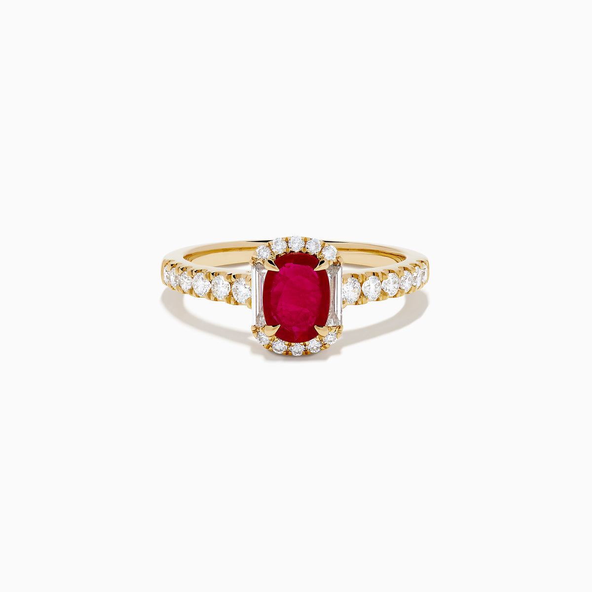 The 14K Yellow Gold Oval Ruby and Diamond Halo Ring features a central oval ruby surrounded by a sparkling diamond halo, with additional diamonds adorning the elegant band.