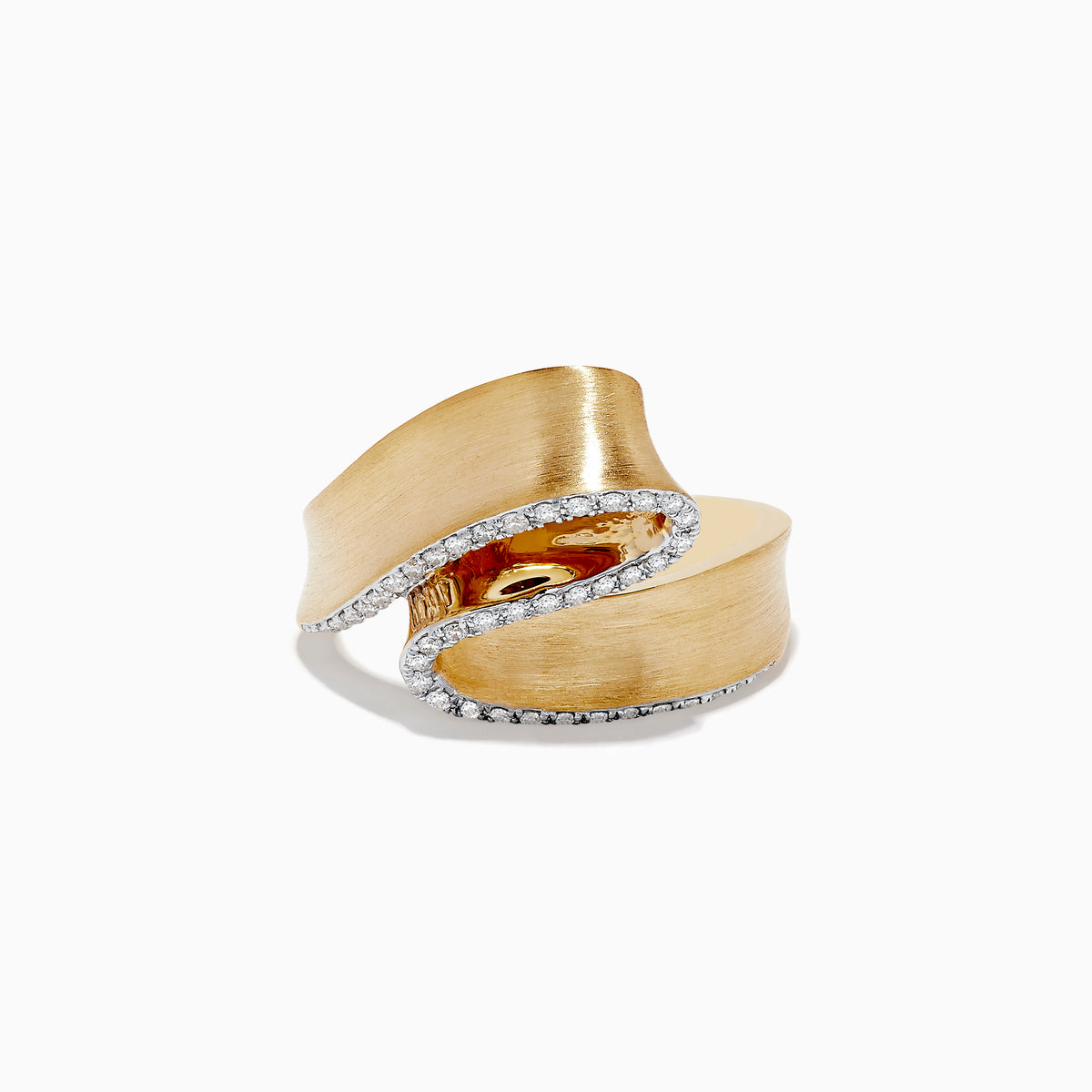 The Doro 14K Yellow Gold Diamond Ribbon Ring (0.26 TCW) features a wide, wavy brushed band with small diamonds along the inner curve, set against a white background.