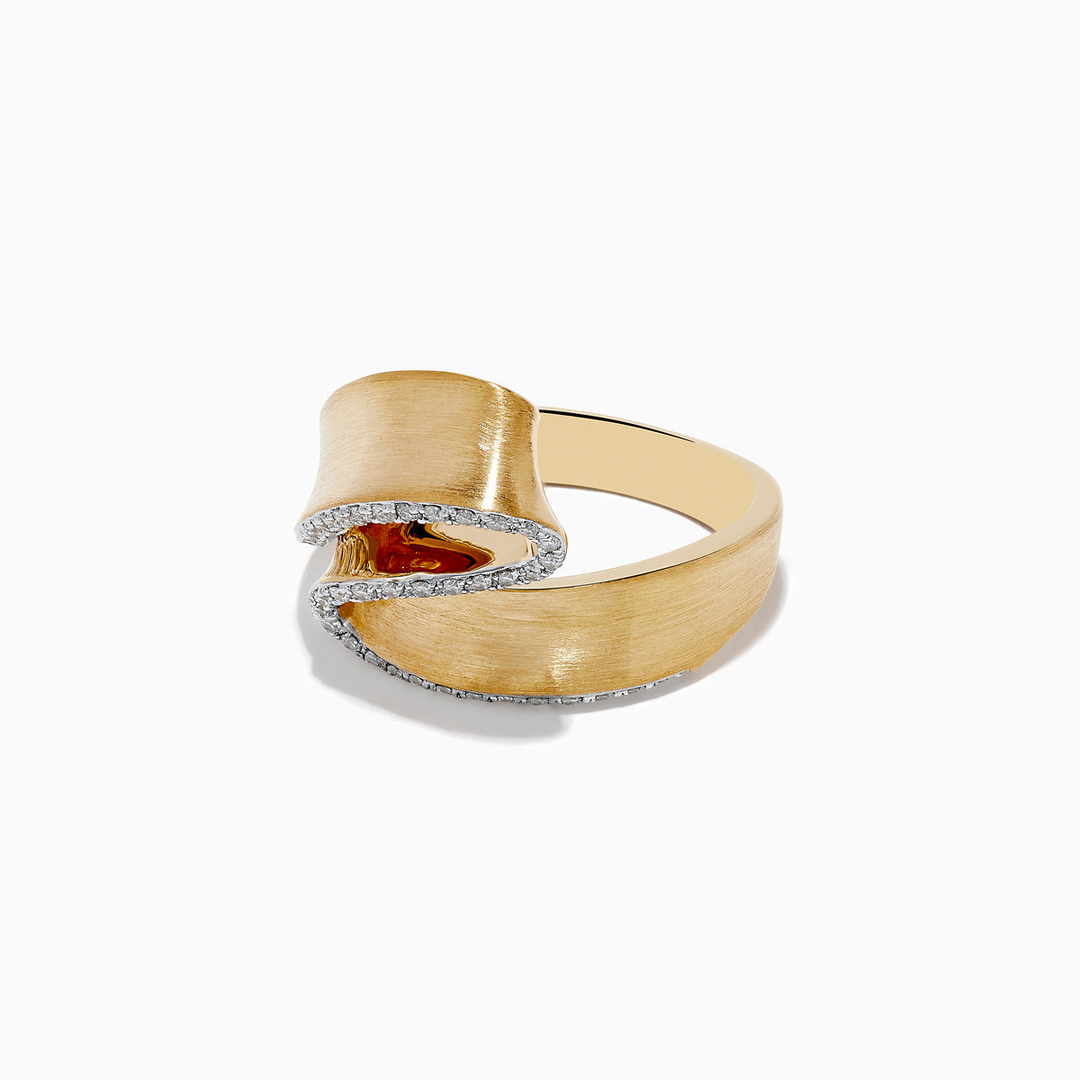 The Doro 14K Yellow Gold Diamond Ribbon Ring (0.26 TCW) features a wide, wavy brushed band with small diamonds along the inner curve, set against a white background.