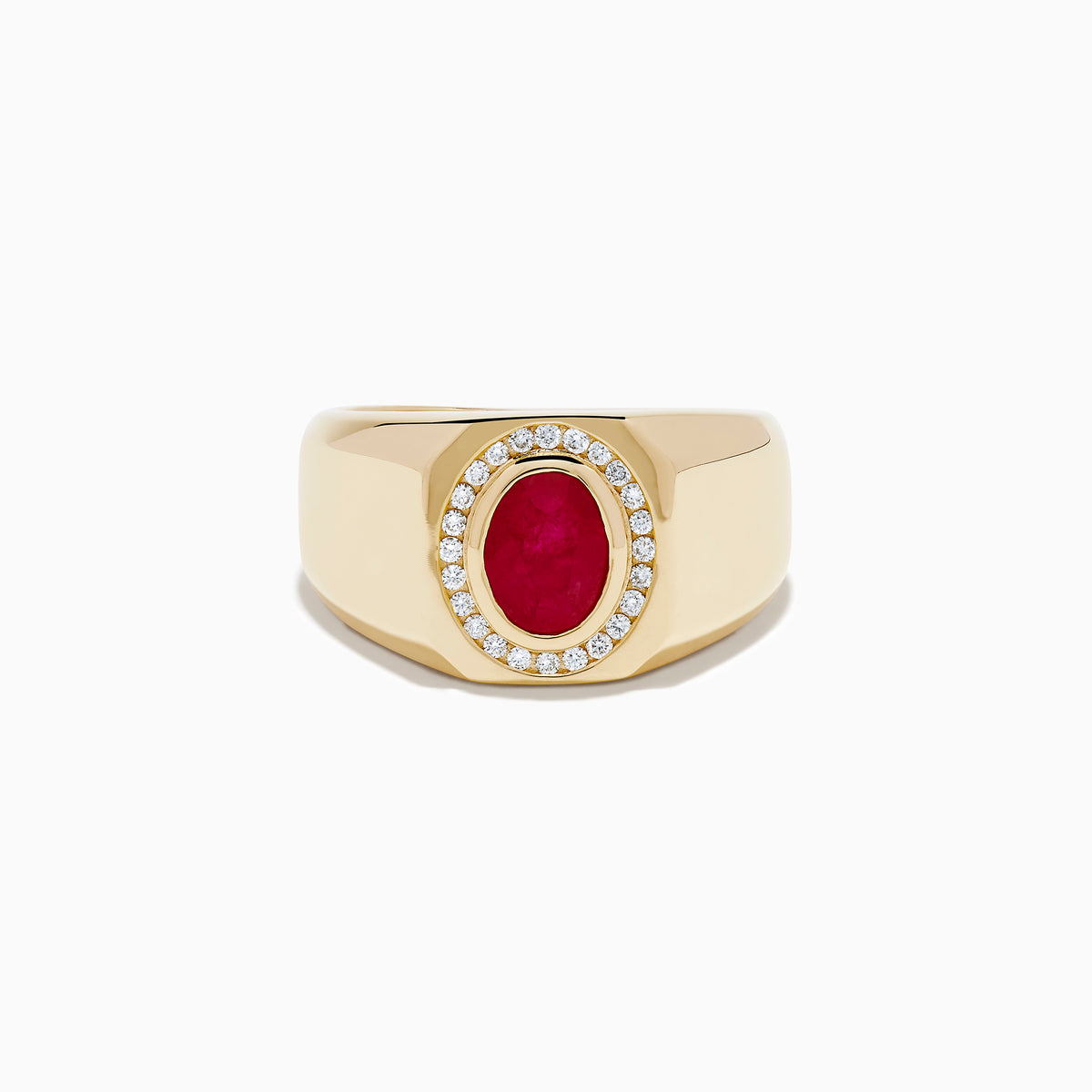 The Men's 14K Yellow Gold Bezel Halo Ruby and Diamond Signet Ring showcases an oval ruby center, encircled by a halo of white diamonds, all set in yellow gold against a white background.
