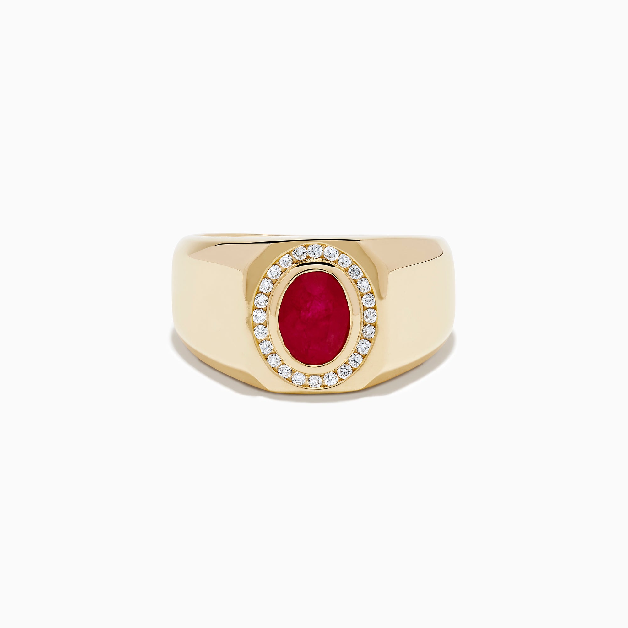 The Men's 14K Yellow Gold Bezel Halo Ruby and Diamond Signet Ring showcases an oval ruby center, encircled by a halo of white diamonds, all set in yellow gold against a white background.