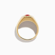The Men's 14K Yellow Gold Bezel Halo Ruby and Diamond Signet Ring showcases an oval ruby center, encircled by a halo of white diamonds, all set in yellow gold against a white background.