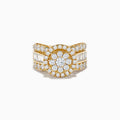 The Bouquet 14K Yellow Gold Diamond Cluster Ring 2.51 TCW features a wide band with a central circular cluster of round diamonds, framed by two rows of smaller diamonds and side baguette-cut stones for dazzling brilliance.