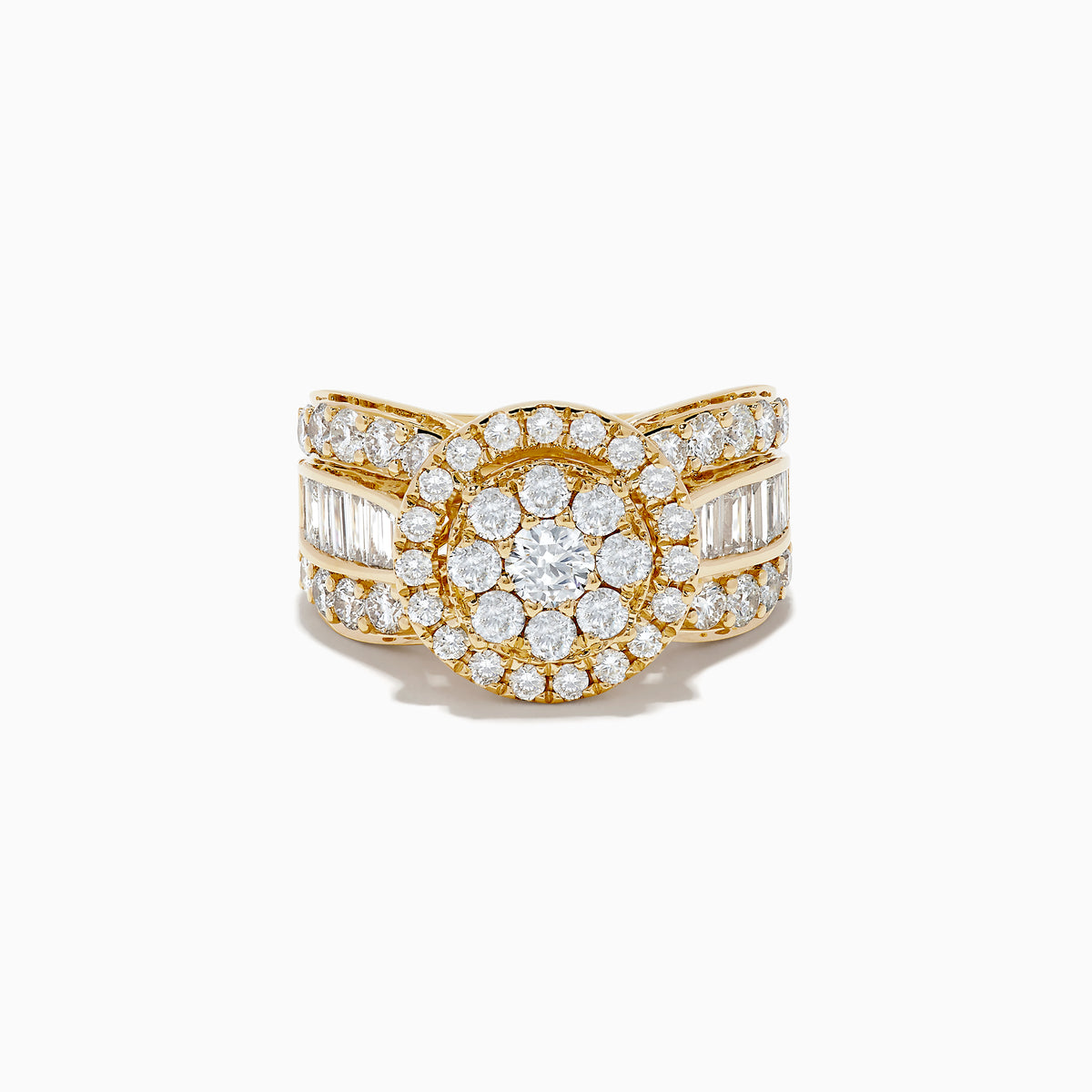 The Bouquet 14K Yellow Gold Diamond Cluster Ring 2.51 TCW features a wide band with a central circular cluster of round diamonds, framed by two rows of smaller diamonds and side baguette-cut stones for dazzling brilliance.
