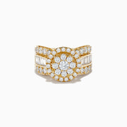 The Bouquet 14K Yellow Gold Diamond Cluster Ring 2.51 TCW features a wide band with a central circular cluster of round diamonds, framed by two rows of smaller diamonds and side baguette-cut stones for dazzling brilliance.