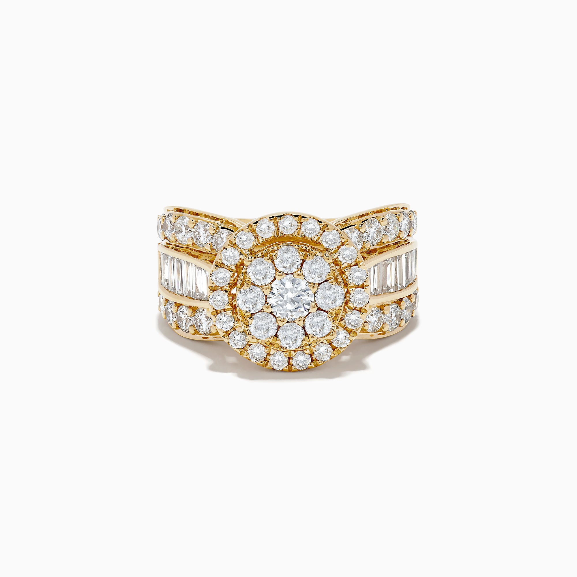 The Bouquet 14K Yellow Gold Diamond Cluster Ring 2.51 TCW features a wide band with a central circular cluster of round diamonds, framed by two rows of smaller diamonds and side baguette-cut stones for dazzling brilliance.