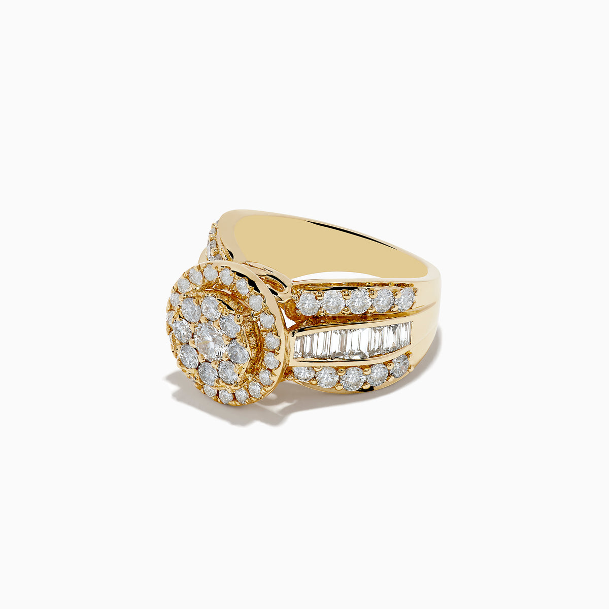 The Bouquet 14K Yellow Gold Diamond Cluster Ring 2.51 TCW features a wide band with a central circular cluster of round diamonds, framed by two rows of smaller diamonds and side baguette-cut stones for dazzling brilliance.