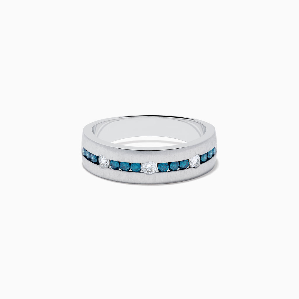 The Mens 14K White Gold Blue and White Diamond Band Ring features a row of blue and white diamonds, with four round white gemstones set into the band, shown on a plain white background.