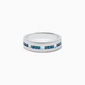 The Mens 14K White Gold Blue and White Diamond Band Ring features a row of blue and white diamonds, with four round white gemstones set into the band, shown on a plain white background.