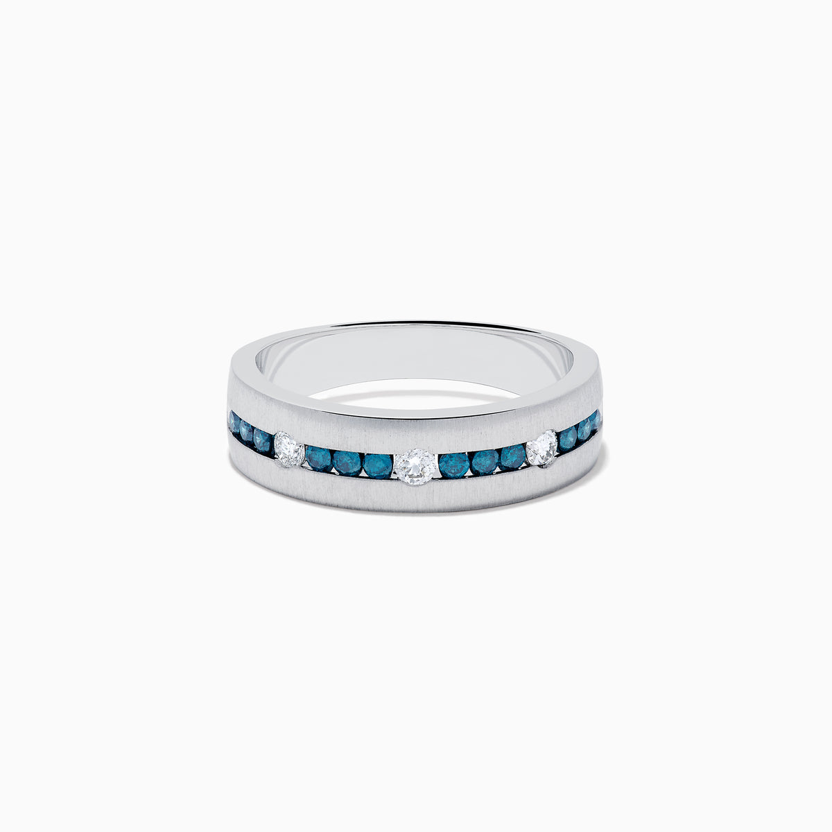 The Mens 14K White Gold Blue and White Diamond Band Ring features a row of blue and white diamonds, with four round white gemstones set into the band, shown on a plain white background.