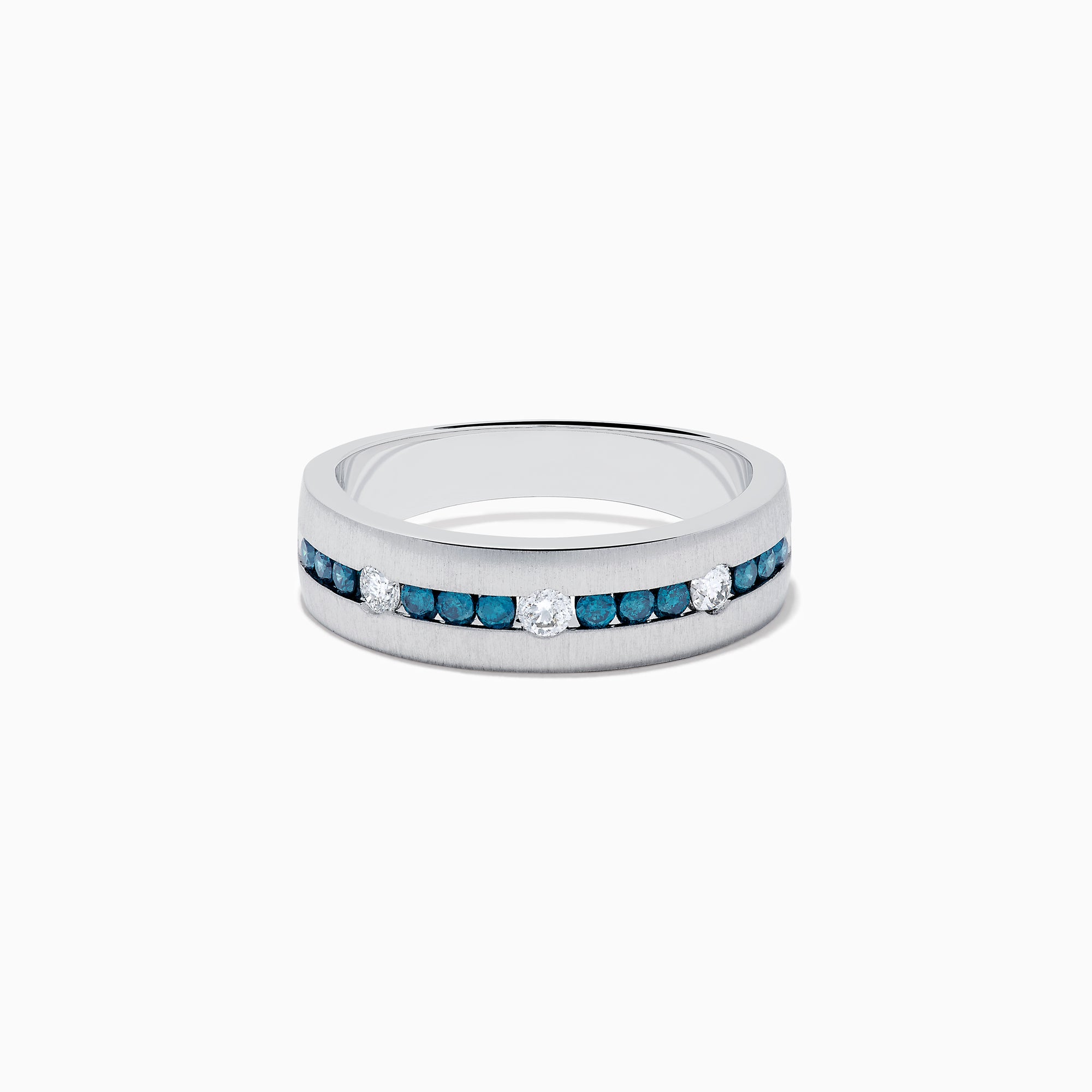 The Mens 14K White Gold Blue and White Diamond Band Ring features a row of blue and white diamonds, with four round white gemstones set into the band, shown on a plain white background.
