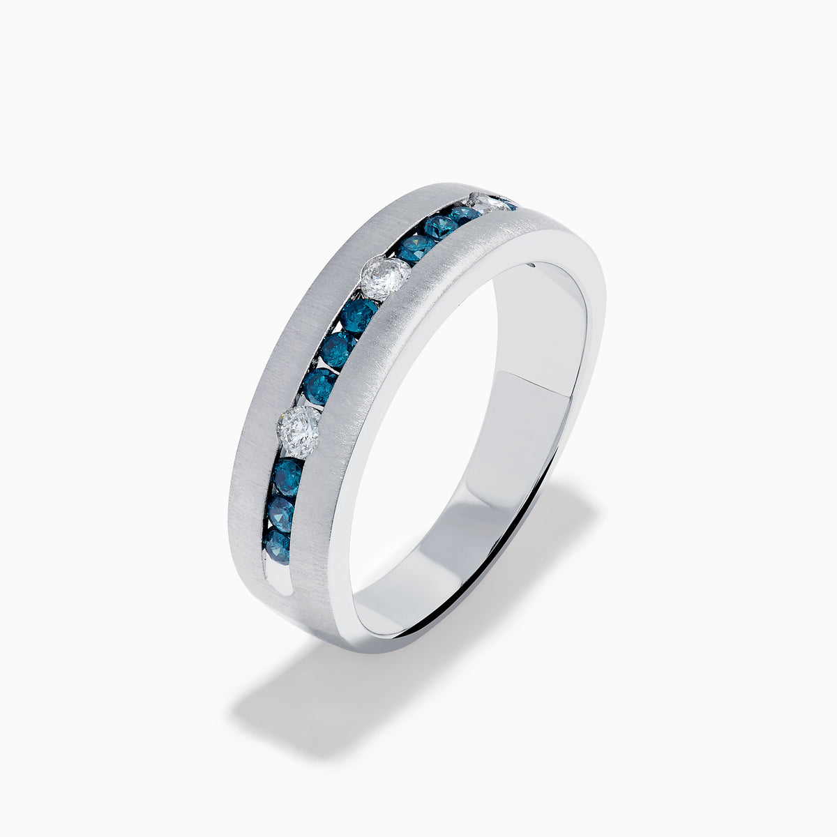 The Mens 14K White Gold Blue and White Diamond Band Ring features a row of blue and white diamonds, with four round white gemstones set into the band, shown on a plain white background.
