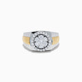The Men's 14K Two Tone Gold Bouquet Diamond Signet Ring showcases a large round diamond cluster centerpiece, accented by smaller diamonds and set against a white background.