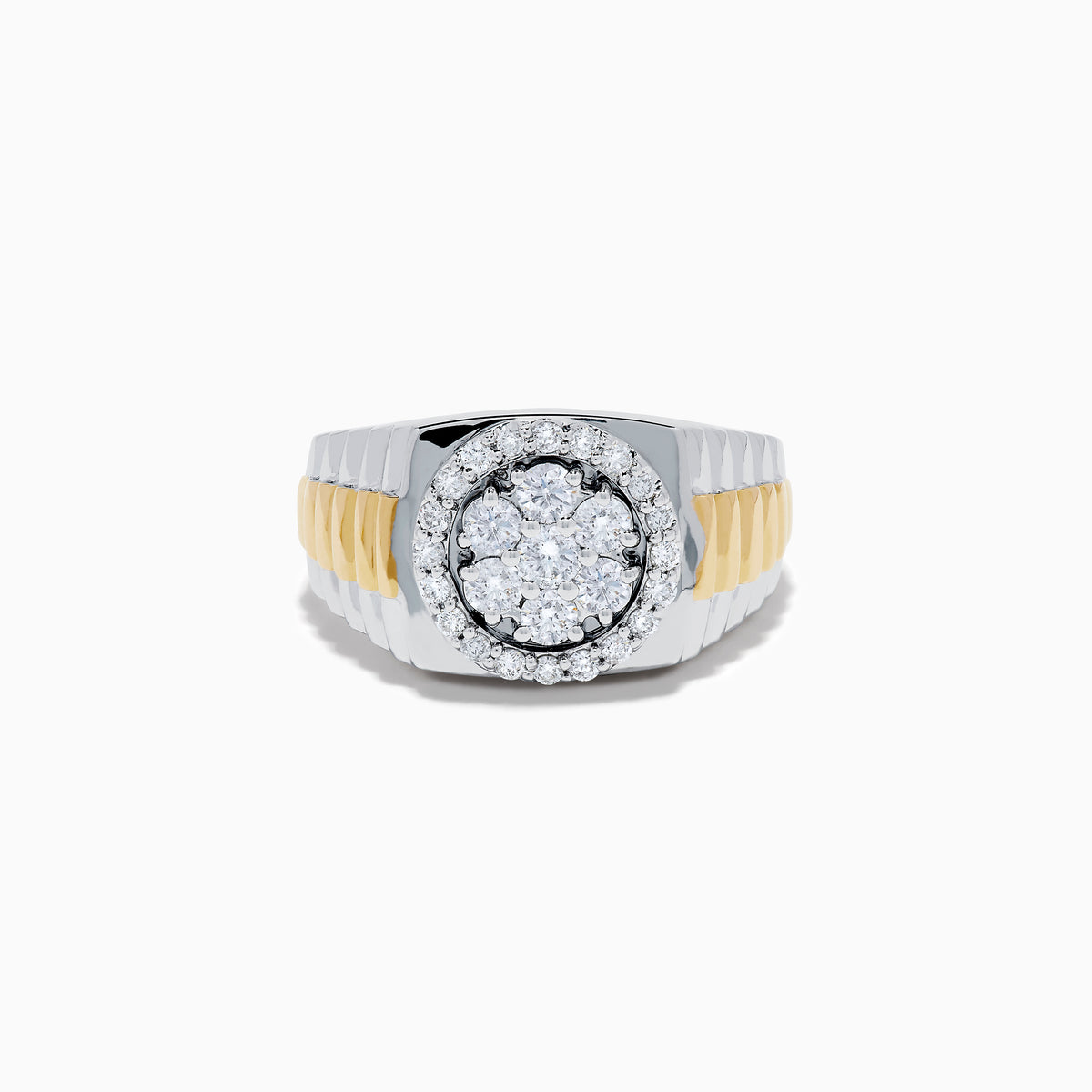 The Men's 14K Two Tone Gold Bouquet Diamond Signet Ring showcases a large round diamond cluster centerpiece, accented by smaller diamonds and set against a white background.