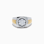 The Men's 14K Two Tone Gold Bouquet Diamond Signet Ring showcases a large round diamond cluster centerpiece, accented by smaller diamonds and set against a white background.