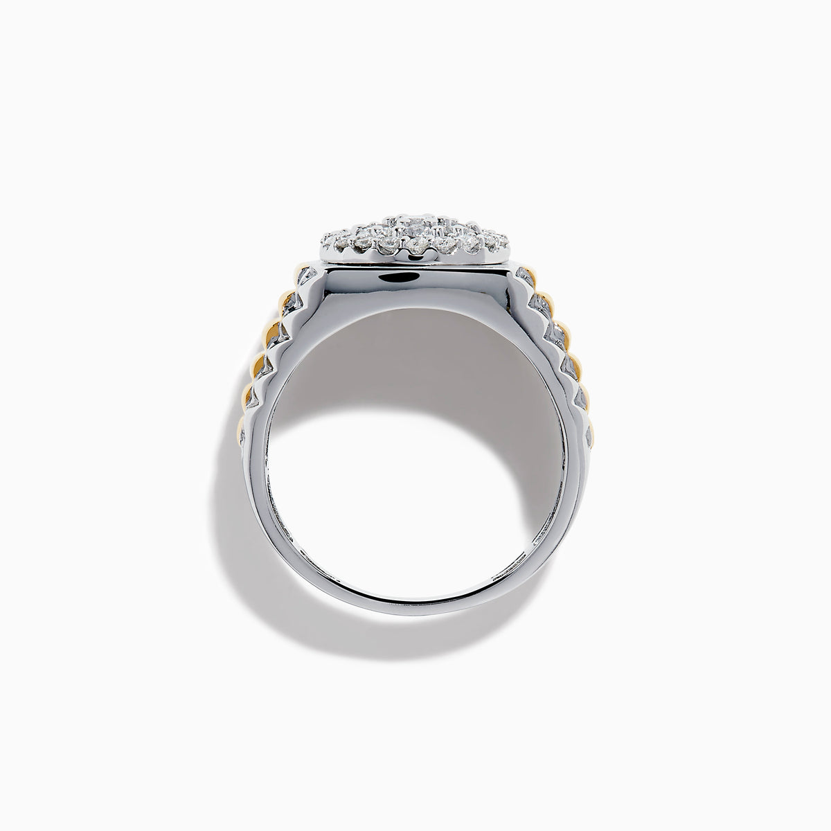 The Men's 14K Two Tone Gold Bouquet Diamond Signet Ring showcases a large round diamond cluster centerpiece, accented by smaller diamonds and set against a white background.