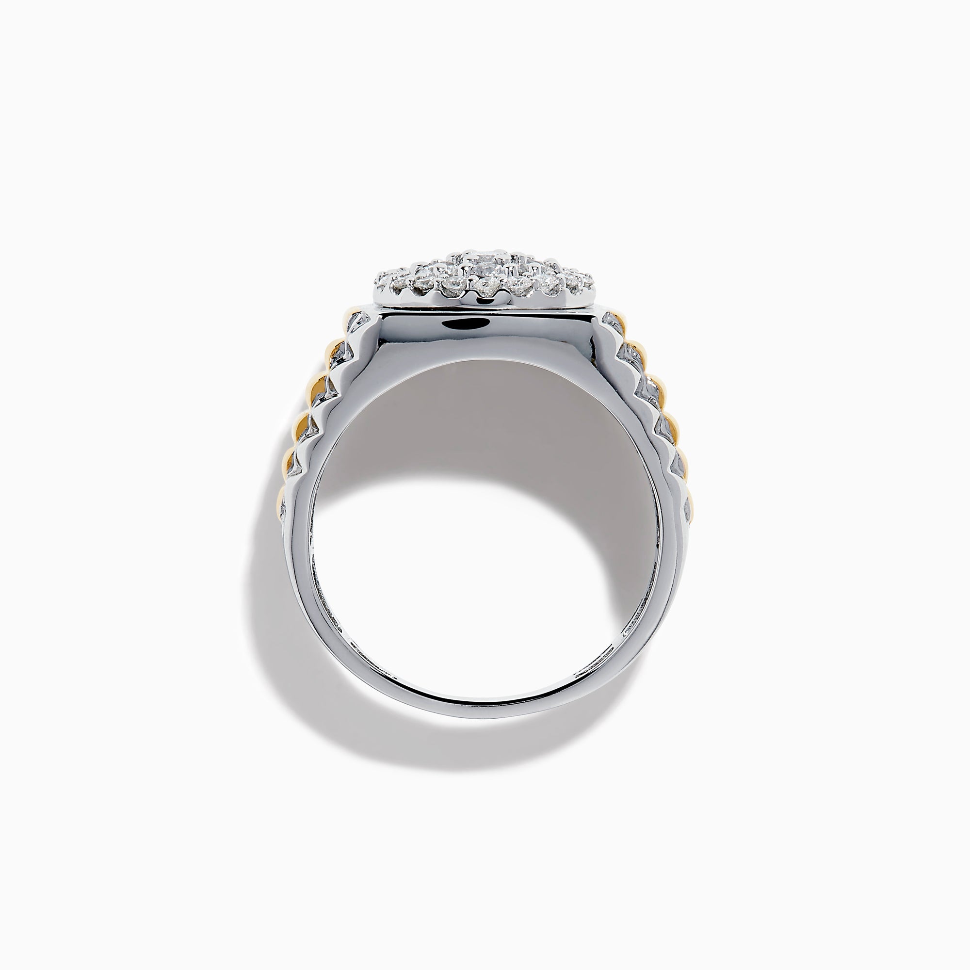 The Men's 14K Two Tone Gold Bouquet Diamond Signet Ring showcases a large round diamond cluster centerpiece, accented by smaller diamonds and set against a white background.