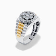 The Men's 14K Two Tone Gold Bouquet Diamond Signet Ring showcases a large round diamond cluster centerpiece, accented by smaller diamonds and set against a white background.