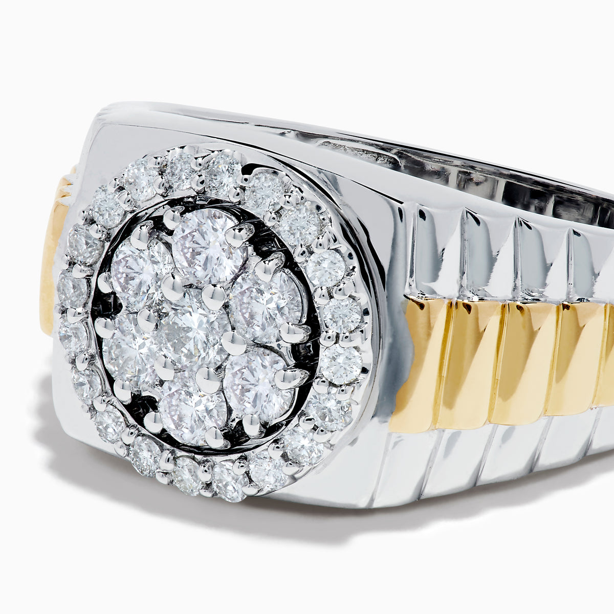 The Men's 14K Two Tone Gold Bouquet Diamond Signet Ring showcases a large round diamond cluster centerpiece, accented by smaller diamonds and set against a white background.