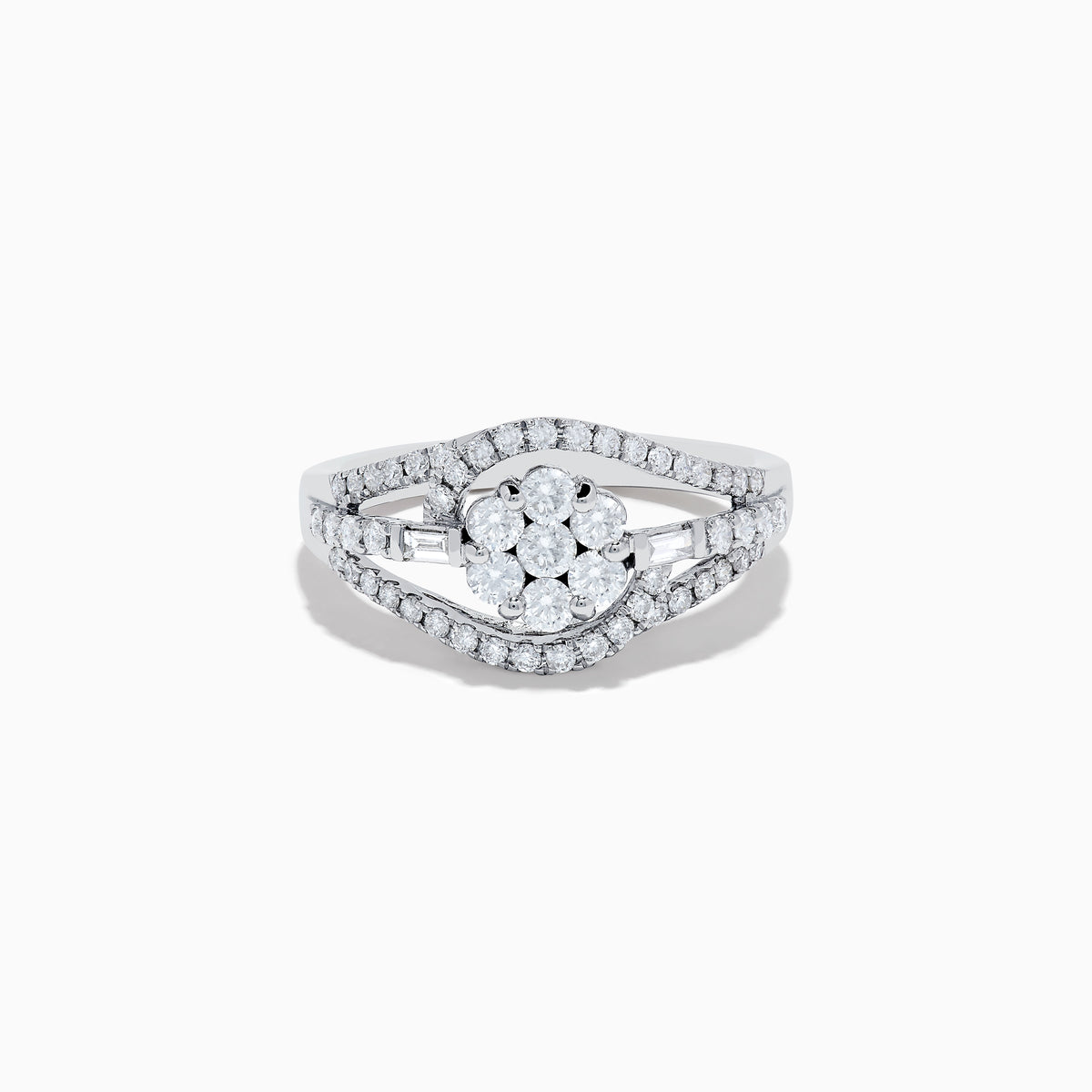 The Bouquet 14K White Gold Diamond Ring features a cluster of round diamonds in the center with curved bands of smaller diamonds, all elegantly set in 14K white gold.