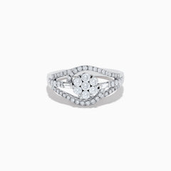 The Bouquet 14K White Gold Diamond Ring features a cluster of round diamonds in the center with curved bands of smaller diamonds, all elegantly set in 14K white gold.