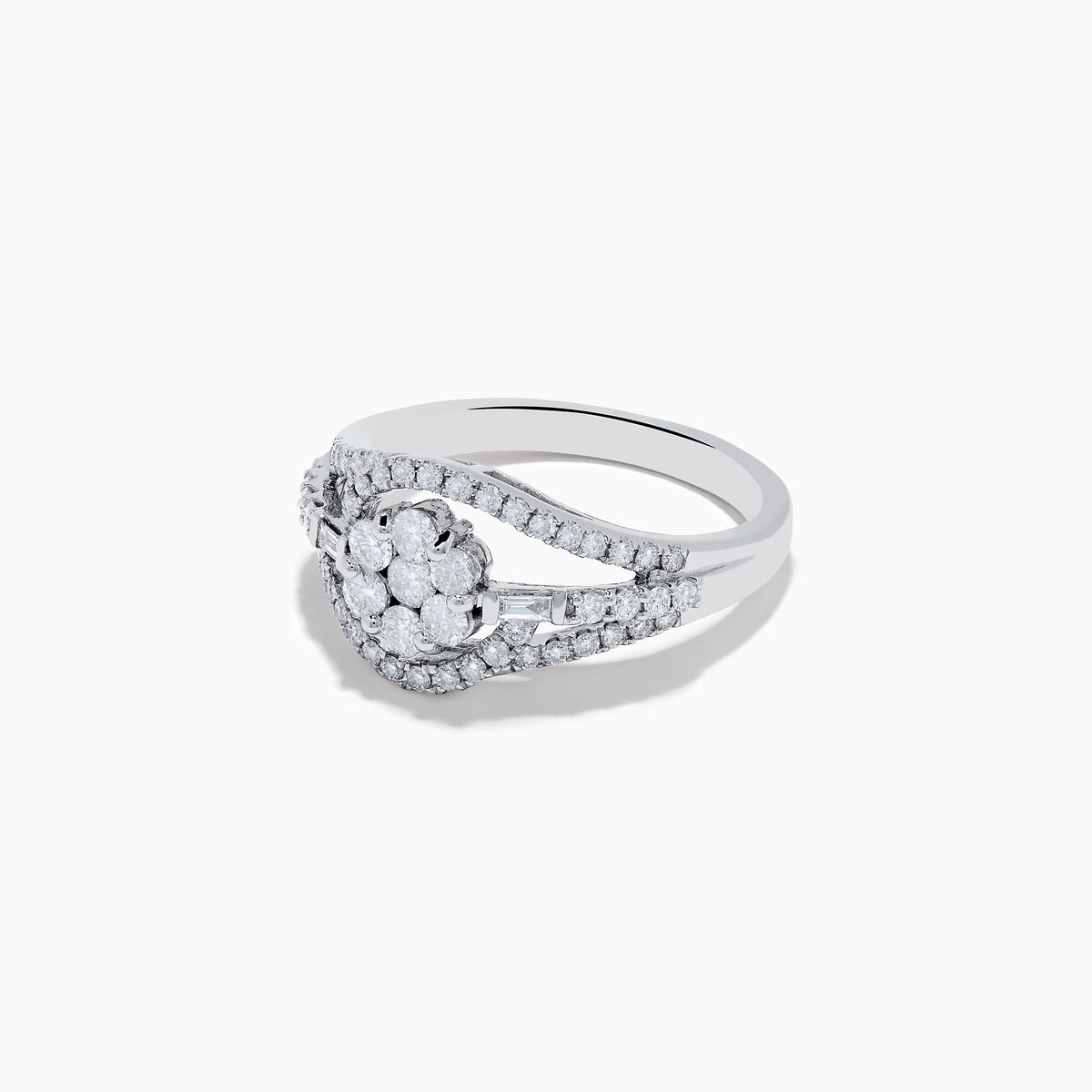 The Bouquet 14K White Gold Diamond Ring features a cluster of round diamonds in the center with curved bands of smaller diamonds, all elegantly set in 14K white gold.