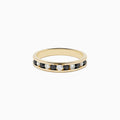 The Caviar 14K Yellow Gold Black and White Diamond Band Ring features alternating black and white diamonds in a channel setting, shown against a plain white background.