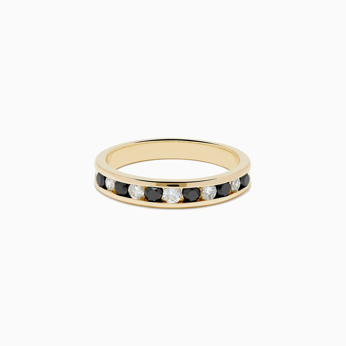 The Caviar 14K Yellow Gold Black and White Diamond Band Ring features alternating black and white diamonds in a channel setting, shown against a plain white background.