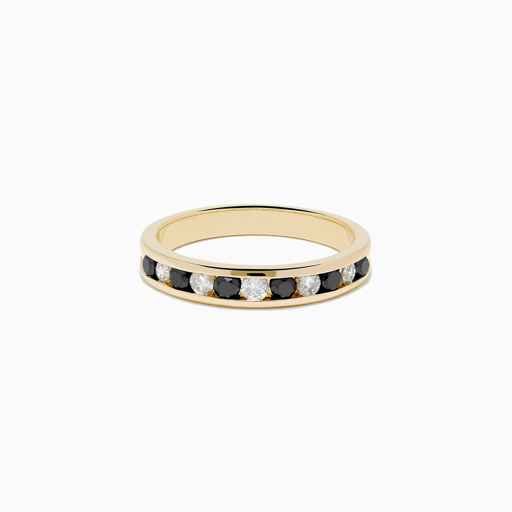 The Caviar 14K Yellow Gold Black and White Diamond Band Ring features alternating black and white diamonds in a channel setting, shown against a plain white background.